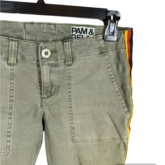 Pam & Gela Uniform Side Stripe Step Hem Pants Militia Green Lace-up 26 - Picture 3 of 6